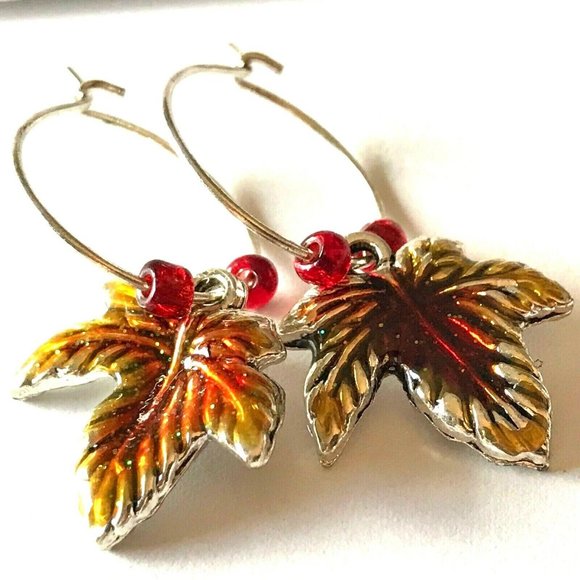 Maple Leaf Earrings Fall Thanksgiving Autumn Tree Halloween Harvest Plated - Picture 5 of 10